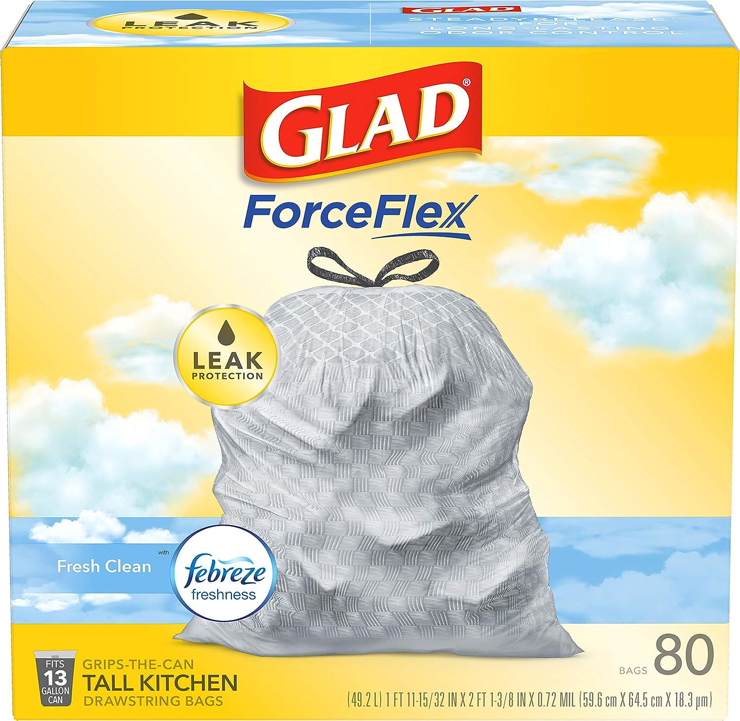 Glad ForceFlex Protection Series, Tall Kitchen Trash Bags, 13 Gal, Fresh Clean with Febreze, 110 Count (Packaging May Vary)111mysite