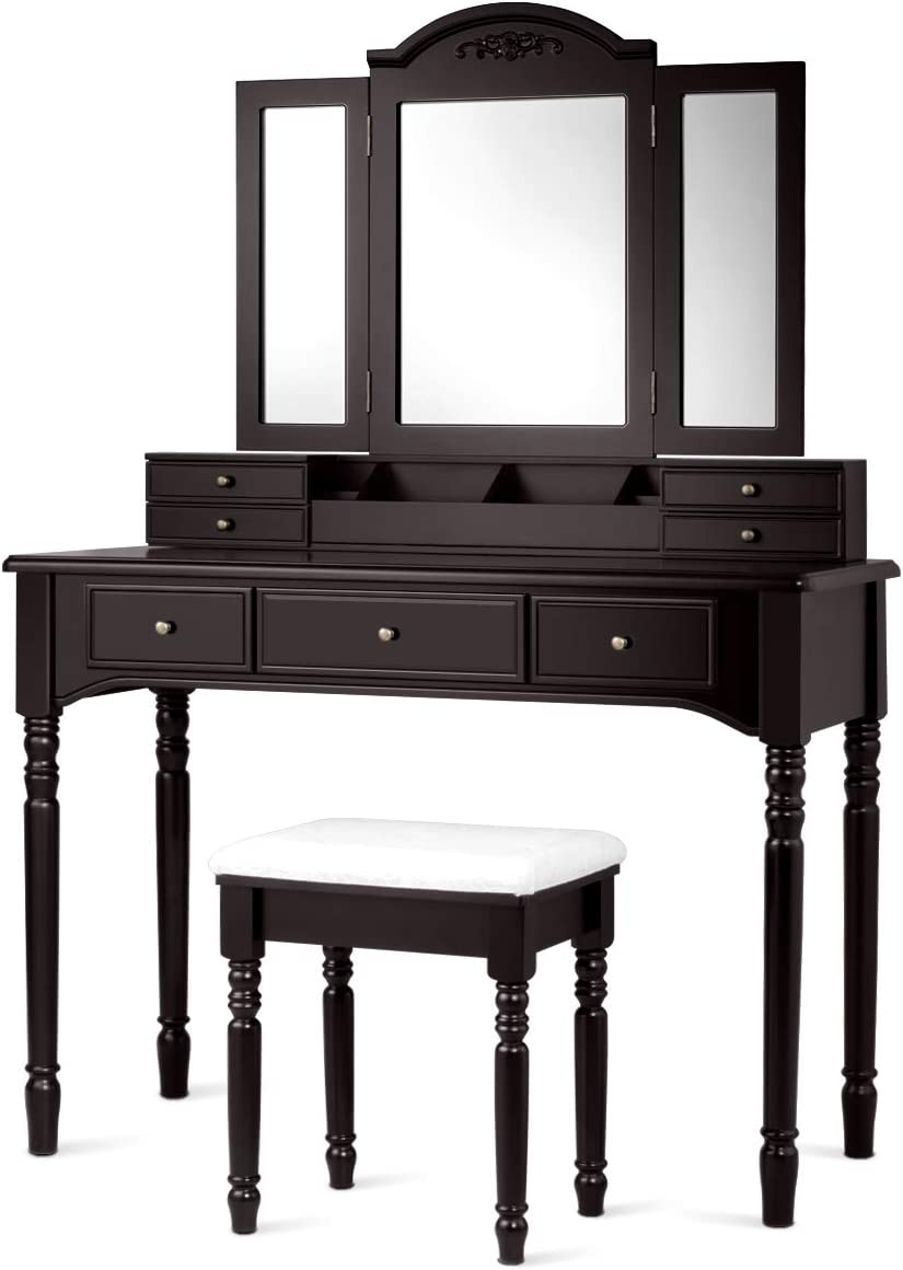 预发布站点、【Furniture】Vanity Desk Set, Dressing Table with Trifold Mirror, 8 Necklace Hooks, 7 Drawers、mysite-12345