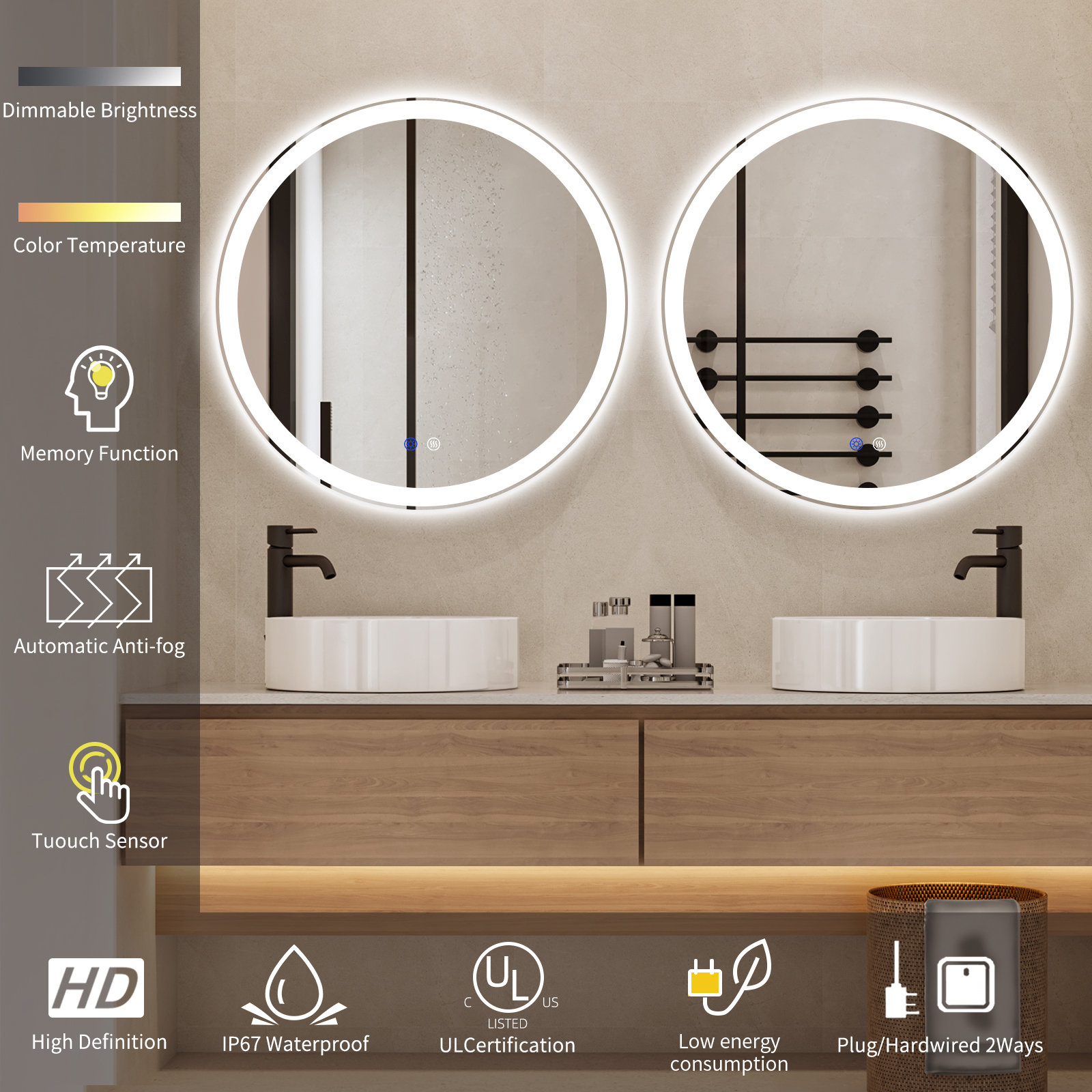 预发布站点、【Home Improvement】Modern & Contemporary Lighted Fog Free Round Bathroom / Vanity Mirror、-12345