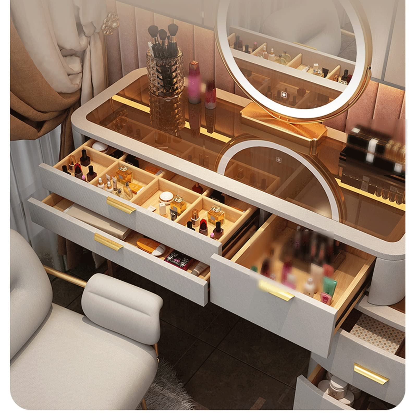 预发布站点、【Furniture】【BS】Nordic Dressing Table with Mirror, Stool & 3 Light Effect LED Mirrors, Golden Iron Dresser、mysite-12345