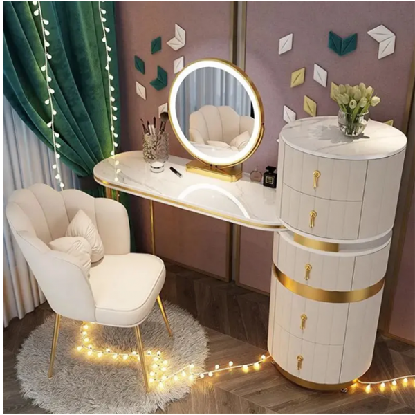 预发布站点、【Furniture】Dressing Table Set with Round Mirror 2 Large Drawers with Round Sliding Rails Padded Stool、mysite-12345