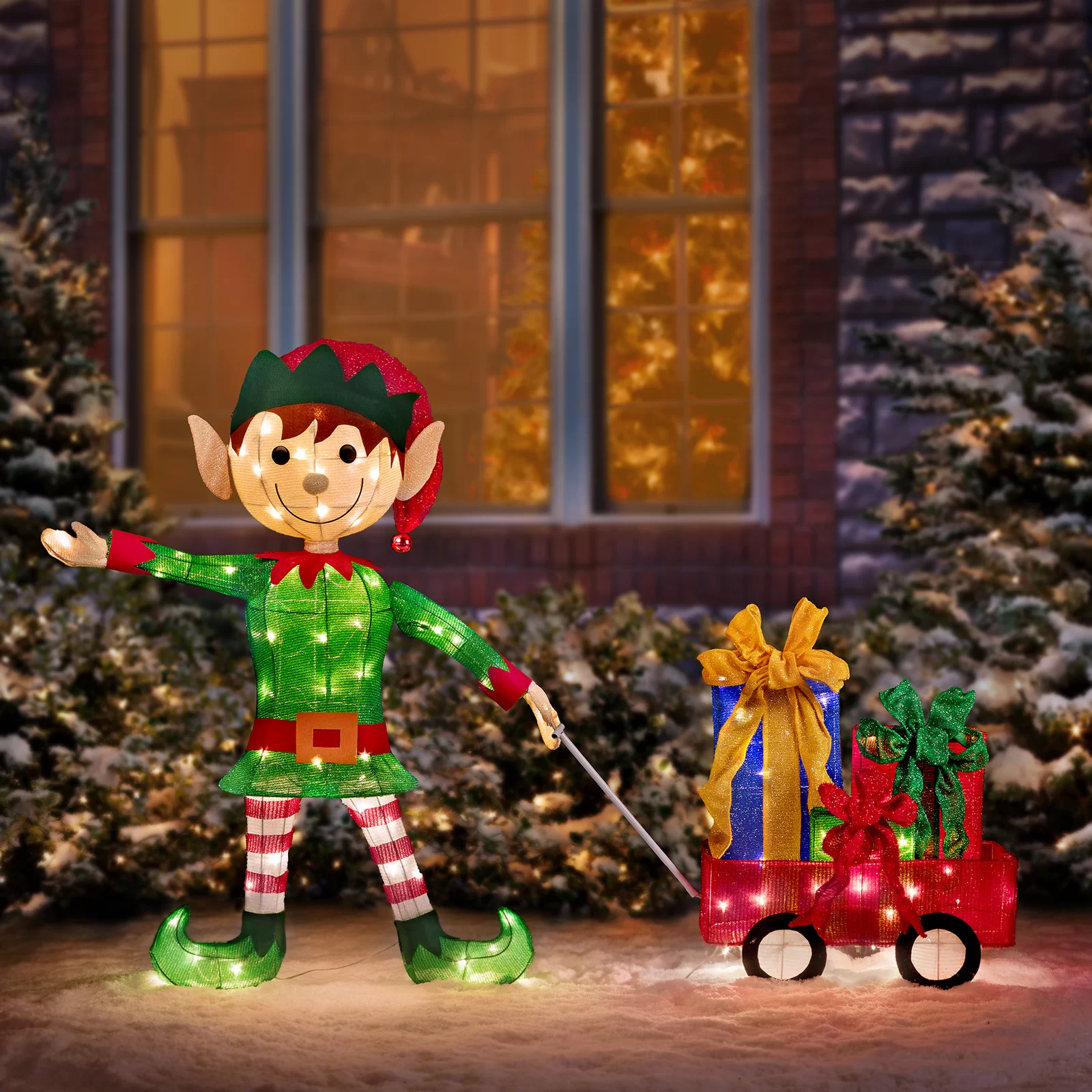 预发布站点、【Décor】2 Piece Elf Pulling Wagon Lighted Display Set、-12345