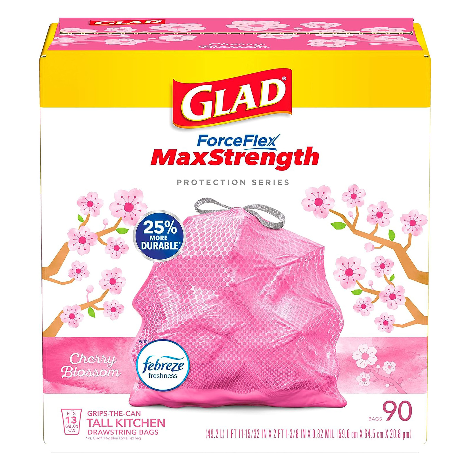 Glad ForceFlex MaxStrength Tall Kitchen Drawstring Trash Bags, 13 Gallon, Cherry Blossom with Febreze Freshness, 90 Count111mysite