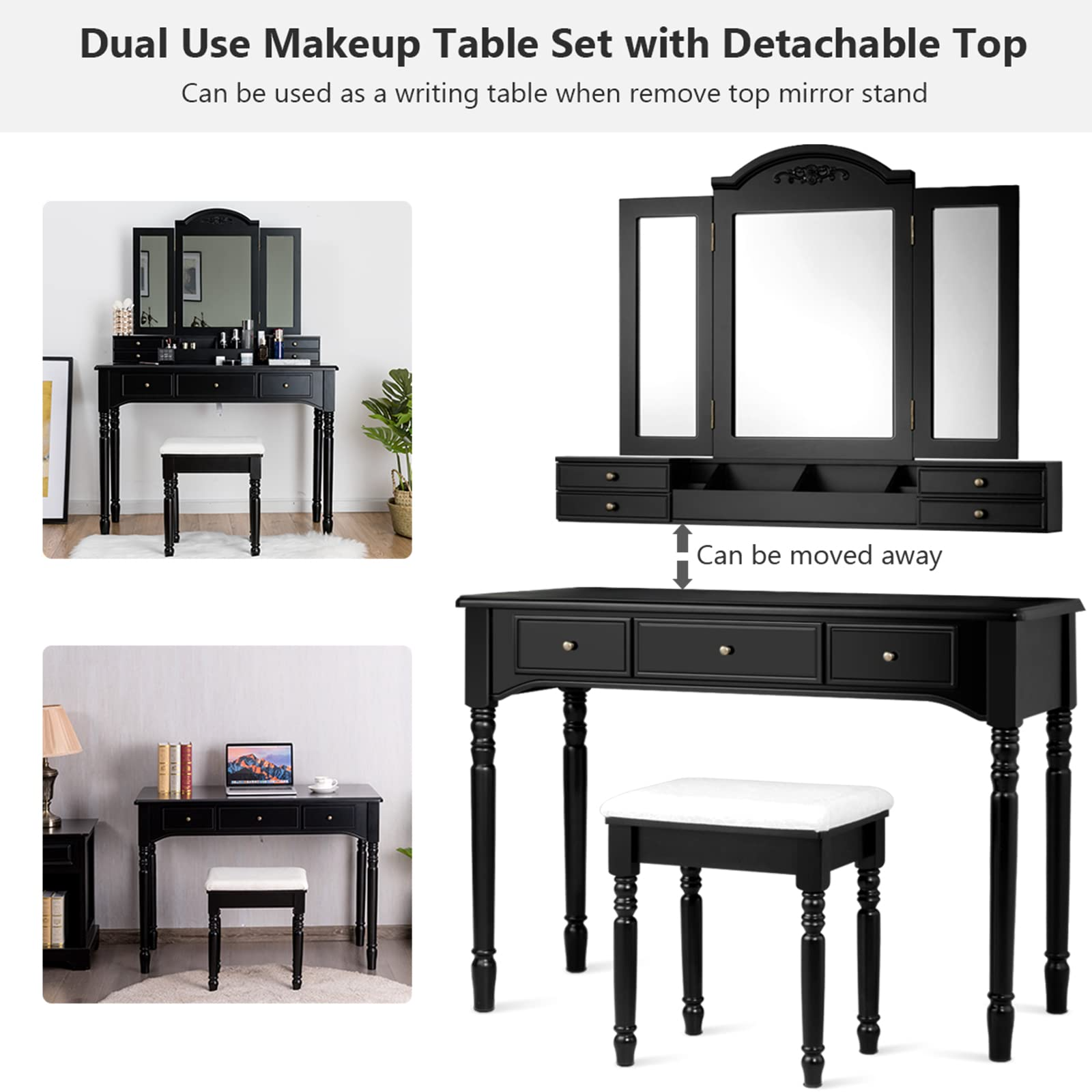 预发布站点、【Furniture】Vanity Desk Set, Dressing Table with Trifold Mirror, 8 Necklace Hooks, 7 Drawers、mysite-12345