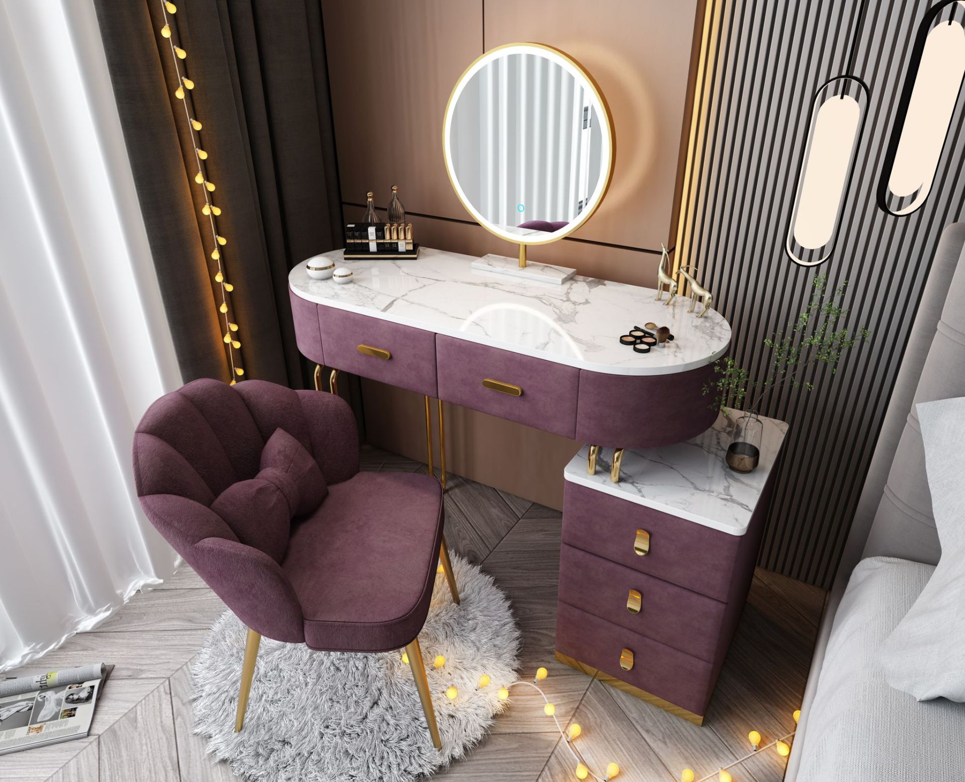 预发布站点、【Furniture】【BS】Nordic Dressing Table with Mirror, Stool & 3 Light Effect LED Mirrors, Golden Iron Dresser、mysite-12345