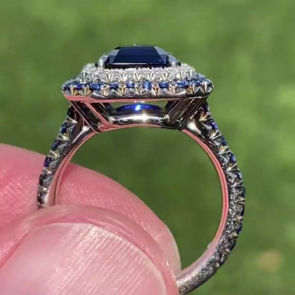 预发布站点、5ct Double Halo Emerald Cut Blue Sapphire Engagement Ring、testother-12345
