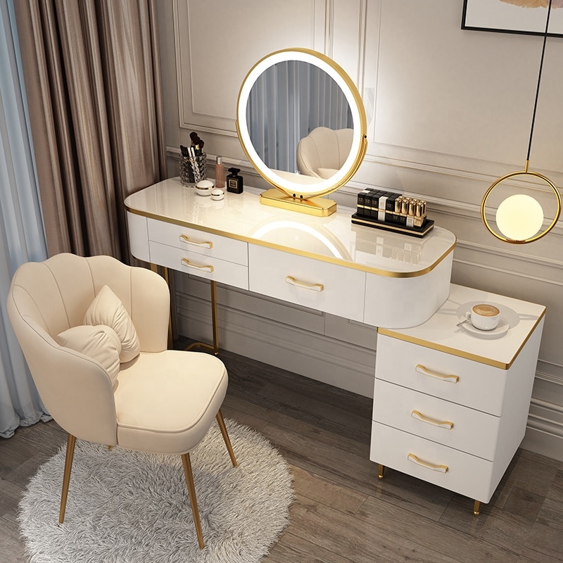 预发布站点、【Furniture】【BS】Nordic Dressing Table with Mirror, Stool & 3 Light Effect LED Mirrors, Golden Iron Dresser、mysite-12345