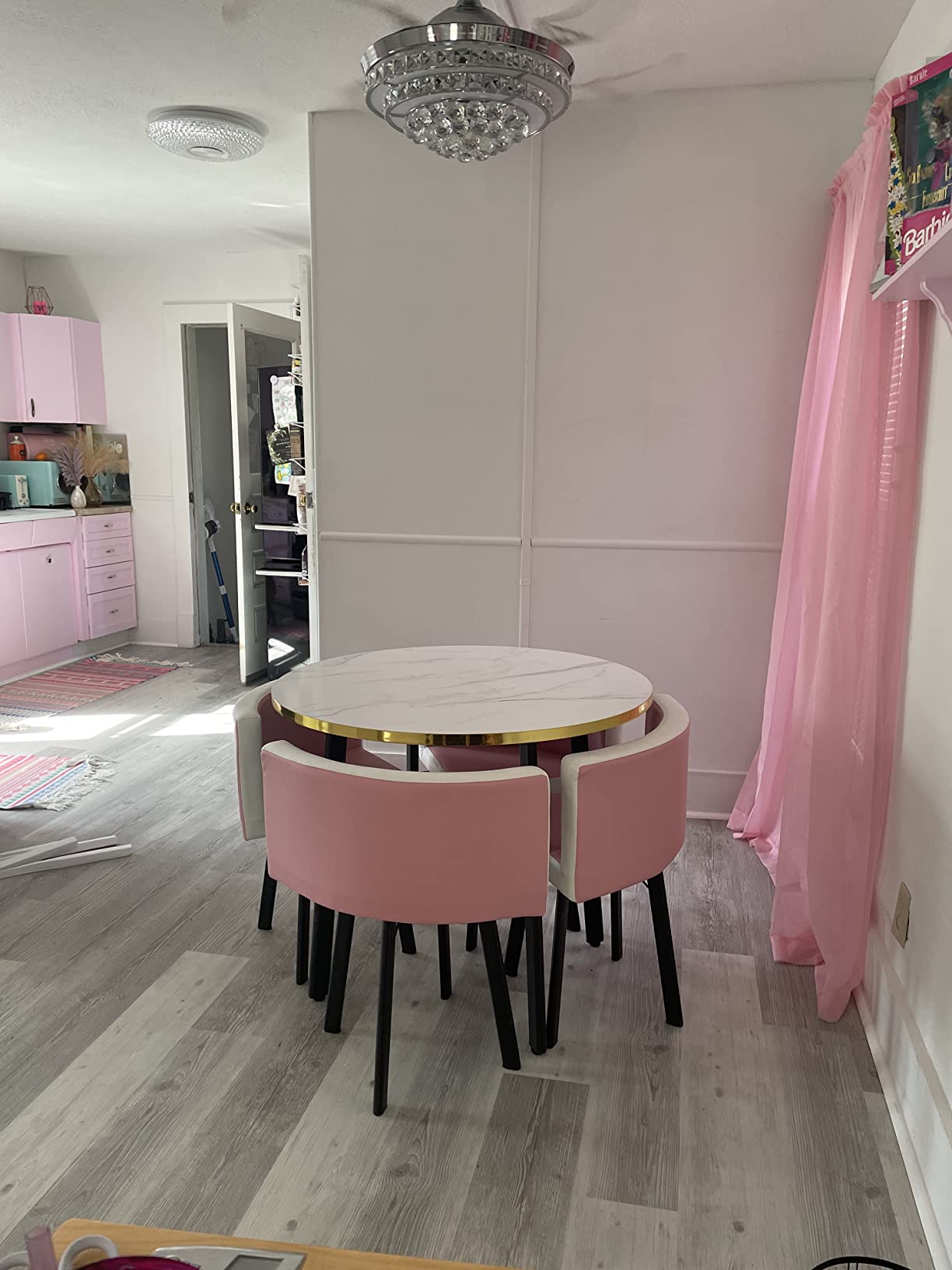 预发布站点、Small Round Wooden Dining Table Set with 4 Upholstered Chairs for Corner Balcony、-12345