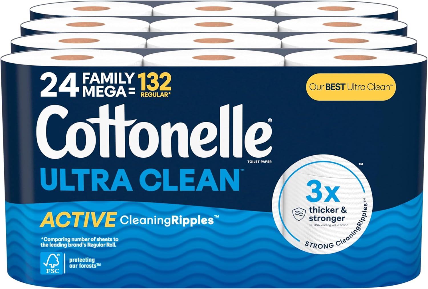 Cottonelle Ultra Clean Toilet Paper with Active CleaningRipples Texture, 24 Family Mega Rolls (24 Family Mega Rolls = 132 Regular Rolls) (4 Packs of 6), 353 Sheets Per Roll, Packaging May Vary111mysite
