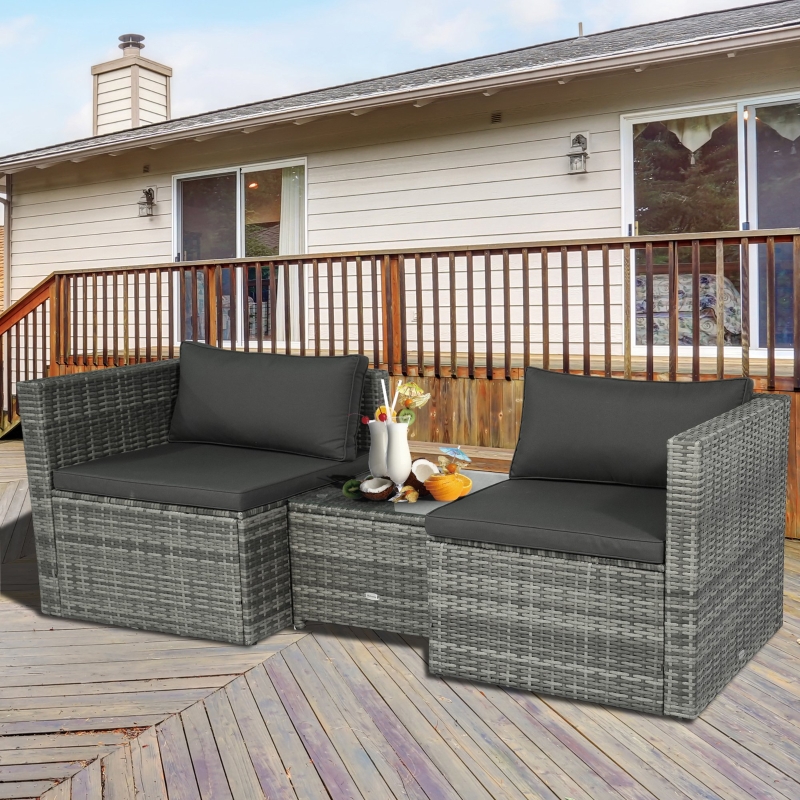 预发布站点、【Furniture】3 Pieces Patio PE Rattan Bistro Set Cushioned Armchair Sofa and Coffee Table Outdoor Furniture、mysite-12345