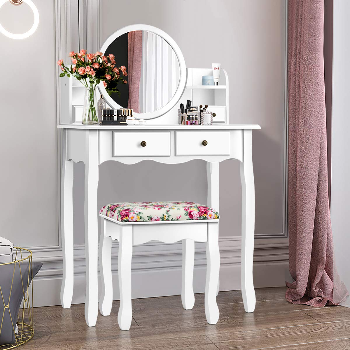 预发布站点、【Furniture】4 Storage Shelves and 4 Drawers, Makeup Table with 360° Pivoted Round Mirror、mysite-12345