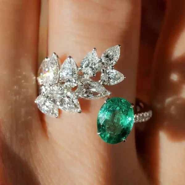 预发布站点、5.5ct Oval Cut Emerald Leaves Cocktail Ring、testother-12345