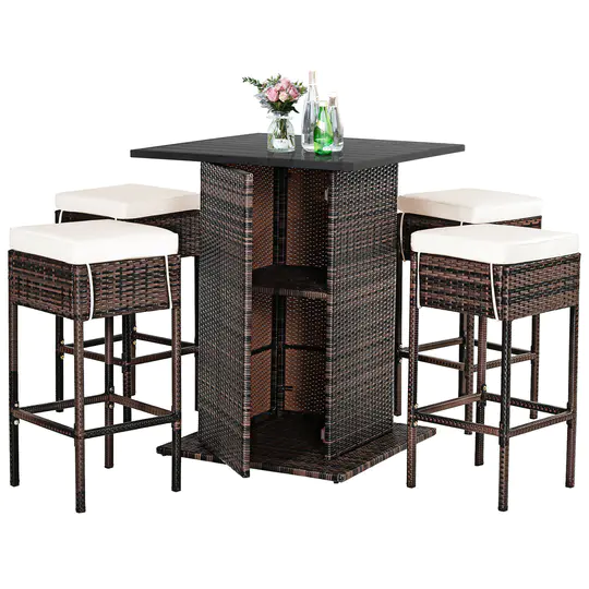 预发布站点、【Home&Garden】Patiojoy 5PCS Patio Rattan Bar Table Stool Set Hidden Storage Shelf Soft HW68244+、-12345