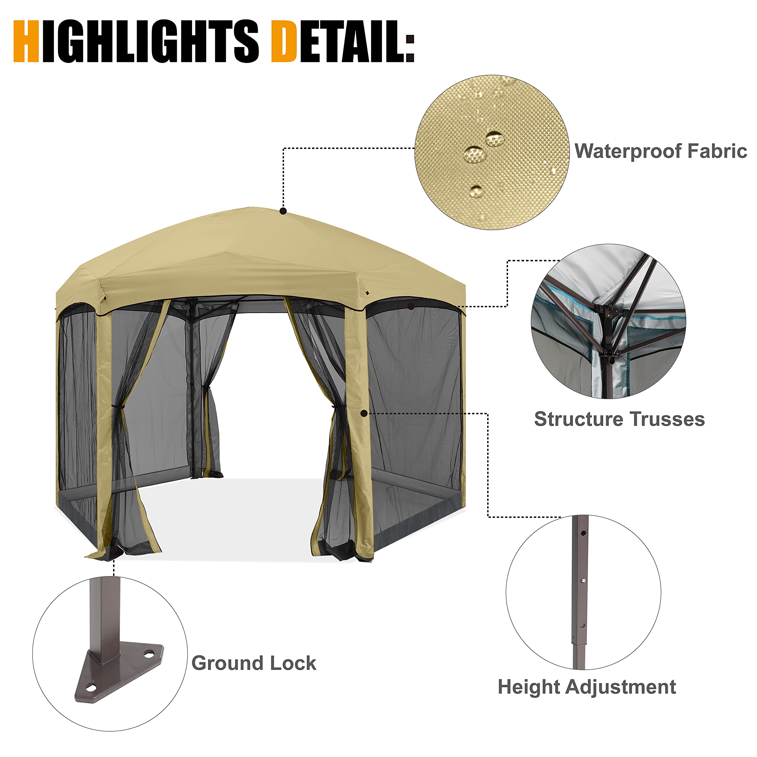 预发布站点、【Gazebo】Pop Up Gazebo 6 Sided Screened Canopy Tent Outdoor Screen House(Beige)、mysite-12345