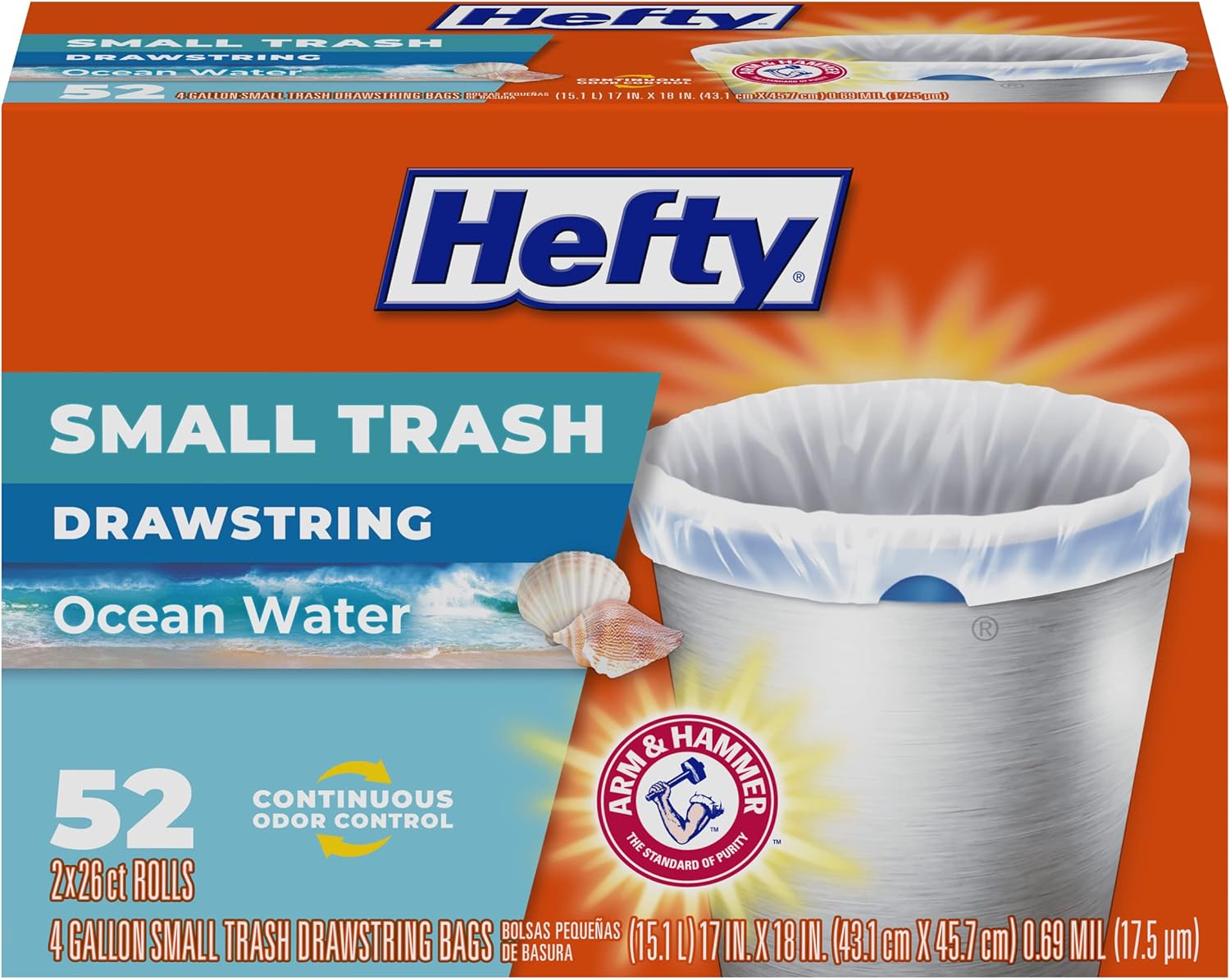 Hefty Small Trash Bags, Ocean Water Scent, 4 Gallon, (52 Count)111mysite