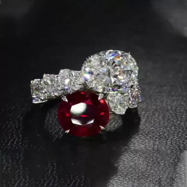 预发布站点、5ct Oval Cut Ruby & White Sapphire Twin Stone Engagement Ring、testother-12345