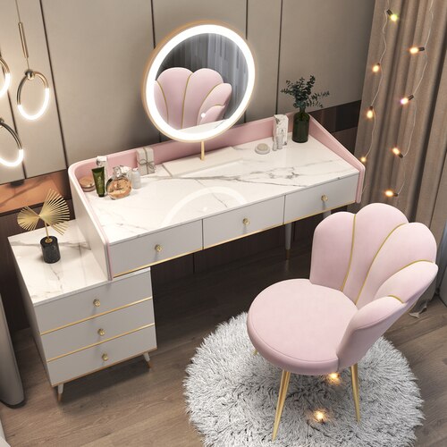 预发布站点、【Furniture】【BS】Nordic Dressing Table with Mirror, Stool & 3 Light Effect LED Mirrors, Golden Iron Dresser、mysite-12345