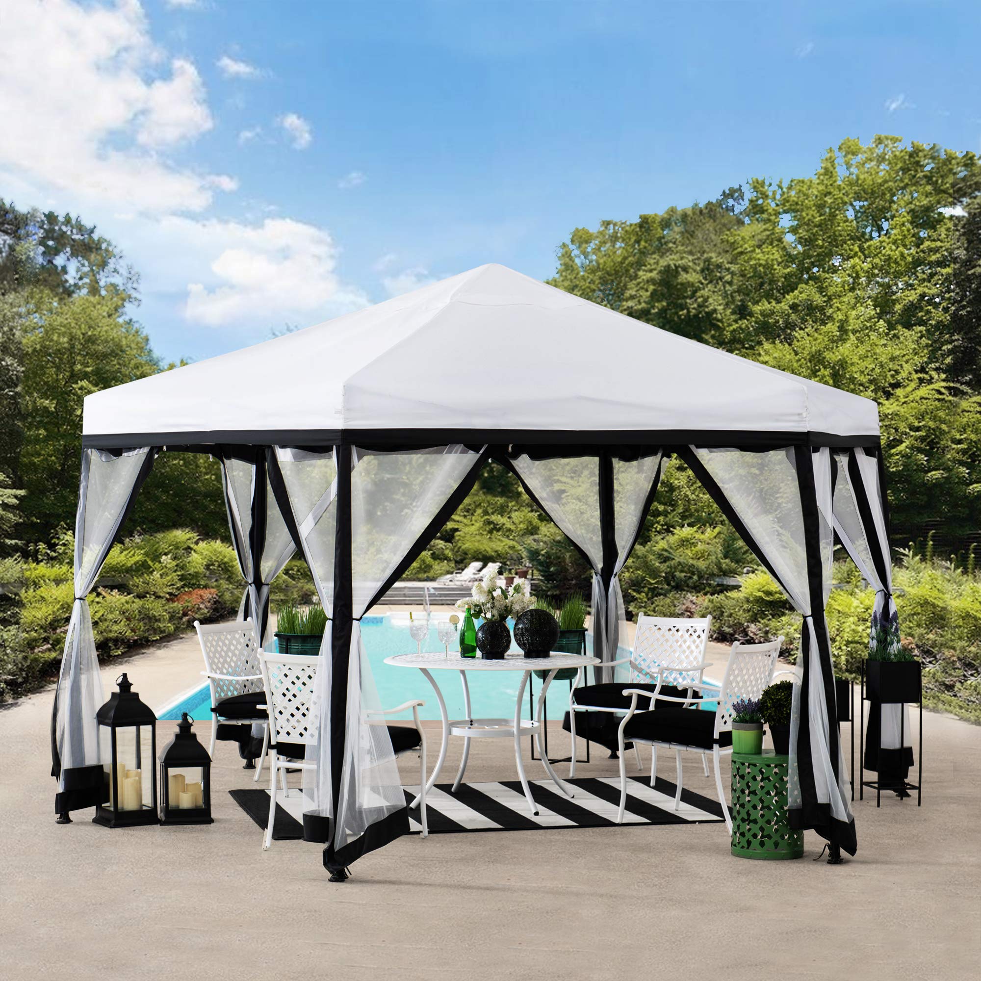预发布站点、【Gazebo】Sunjoy Lambert 11 ft. x 11 ft. 2-Tone Pop Up Portable Hexagon Steel Gazebo, White and Black、-12345