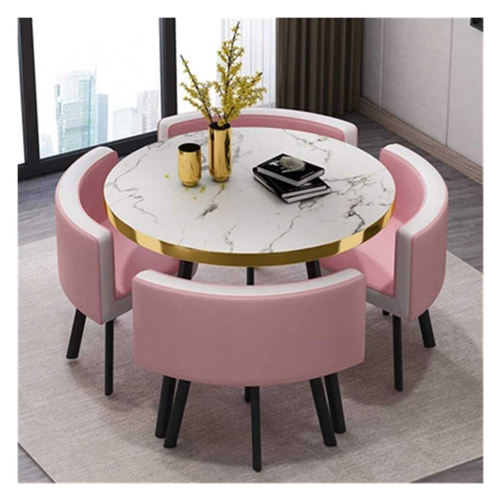 预发布站点、Small Round Wooden Dining Table Set with 4 Upholstered Chairs for Corner Balcony、-12345
