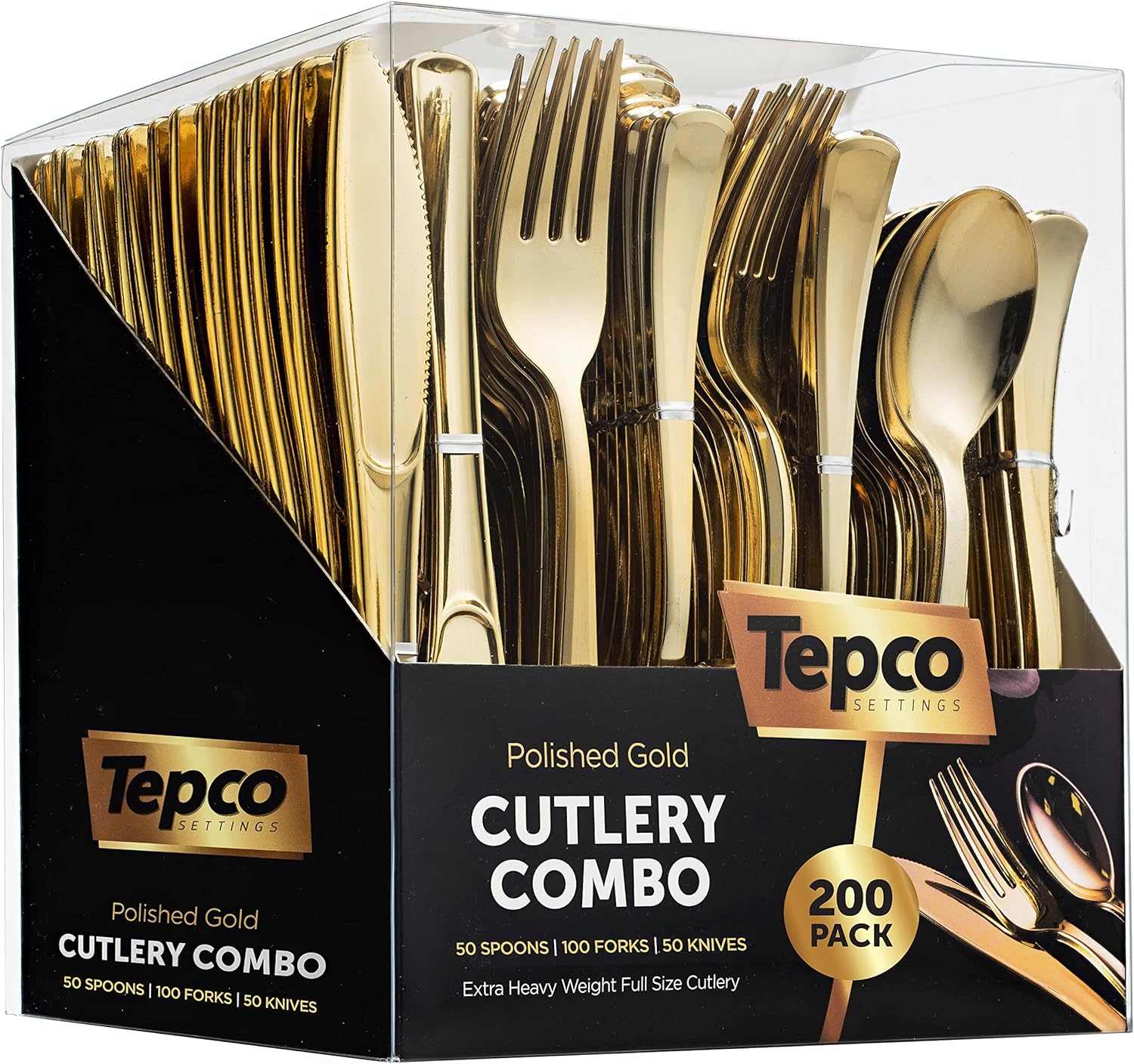 200 Gold Plastic Silverware Set - Plastic Gold Cutlery Set - Disposable Flatware Gold - 100 Gold Plastic Forks, 50 Gold Plastic Spoons, 50 Gold Cutlery Knives Heavy Duty Silverware for Party Bulk111mysite