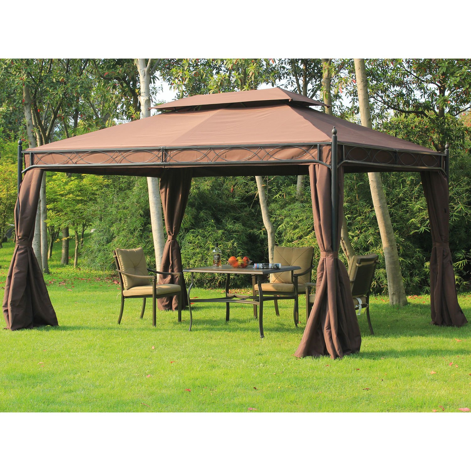 预发布站点、【Gazebo】Outsunny 10x13ft Garden Gazebo Double-Tiered with Curtain Outdoor Shelter Backyard Canopy Coffee、mysite-12345