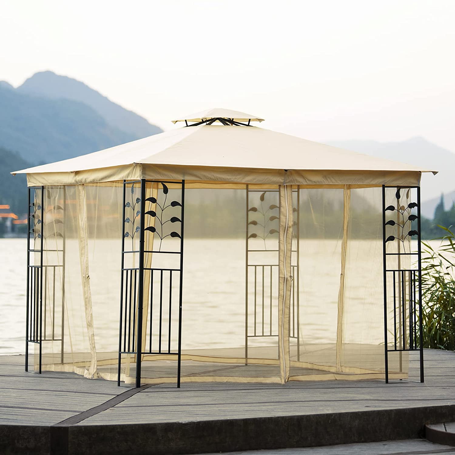预发布站点、【Gazebo】10x10 Ft Patio BBQ Gazebo w/Side Wall & Mosquito Netting for Outdoor Party Activities, Beige、mysite-12345