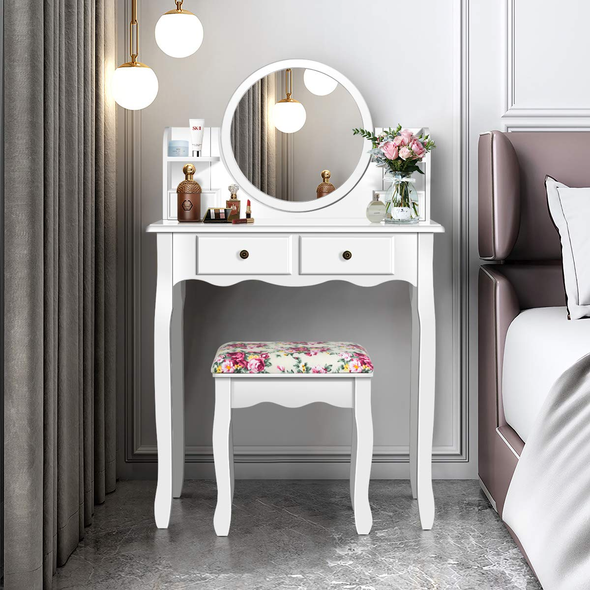 预发布站点、【Furniture】4 Storage Shelves and 4 Drawers, Makeup Table with 360° Pivoted Round Mirror、mysite-12345