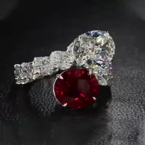 预发布站点、5ct Oval Cut Ruby & White Sapphire Twin Stone Engagement Ring、testother-12345