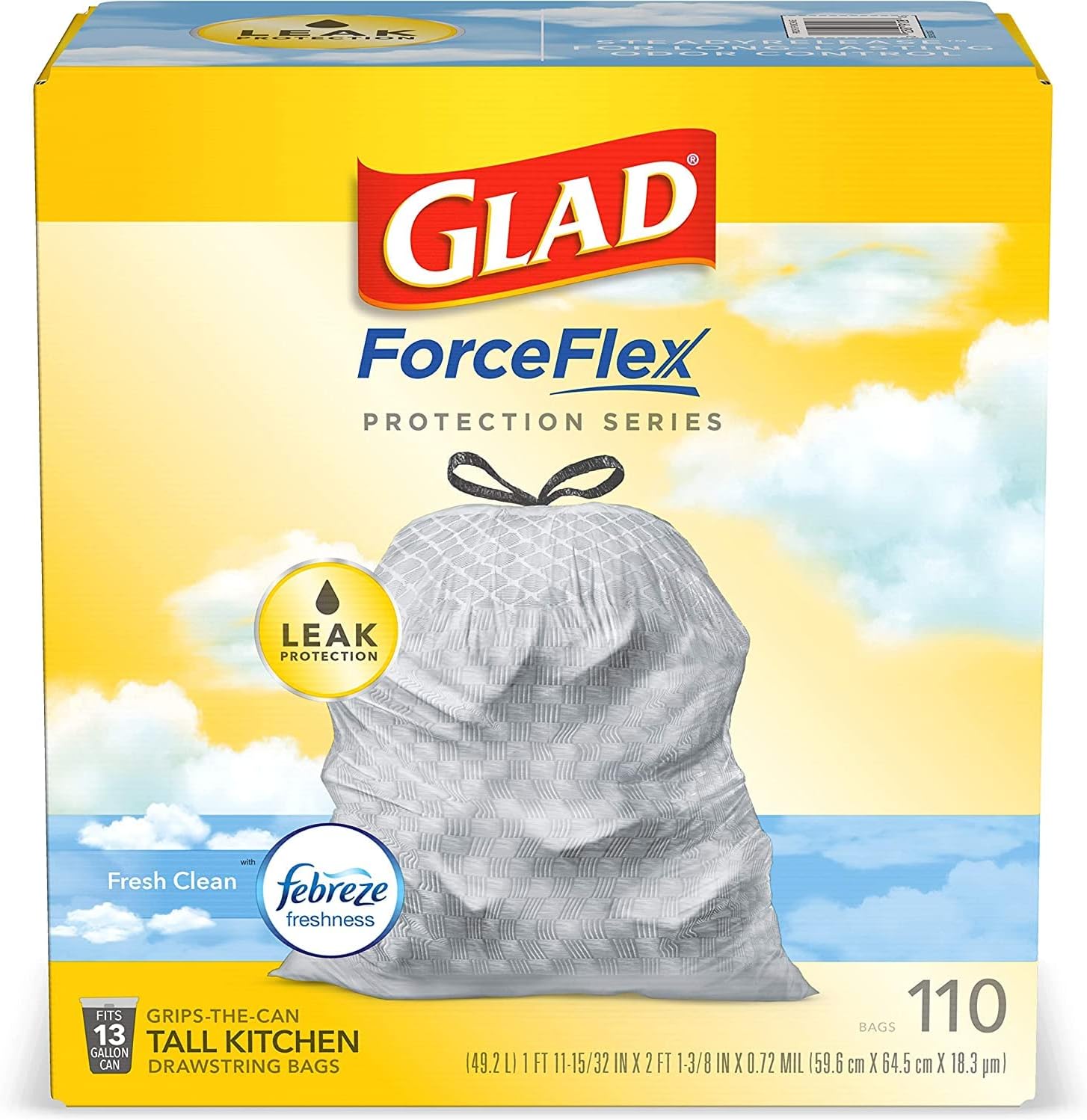 Glad ForceFlex Protection Series, Tall Kitchen Trash Bags, 13 Gal, Fresh Clean with Febreze, 110 Count (Packaging May Vary)111mysite
