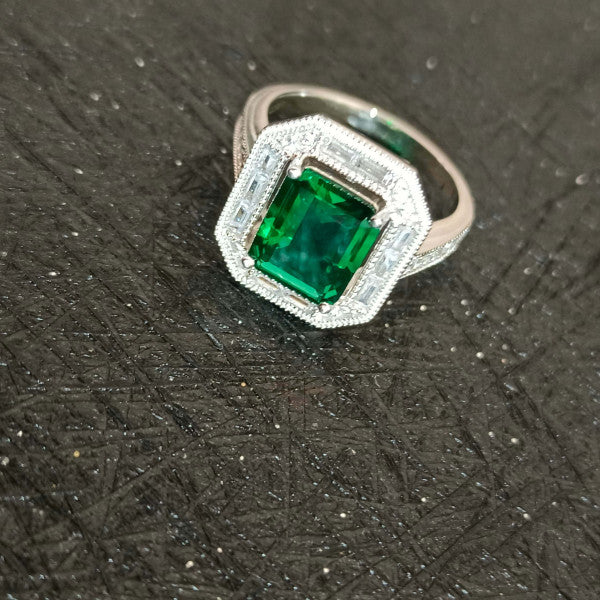 预发布站点、5.2ct Art Deco Halo Emerald Cut Engagement Ring、testother-12345