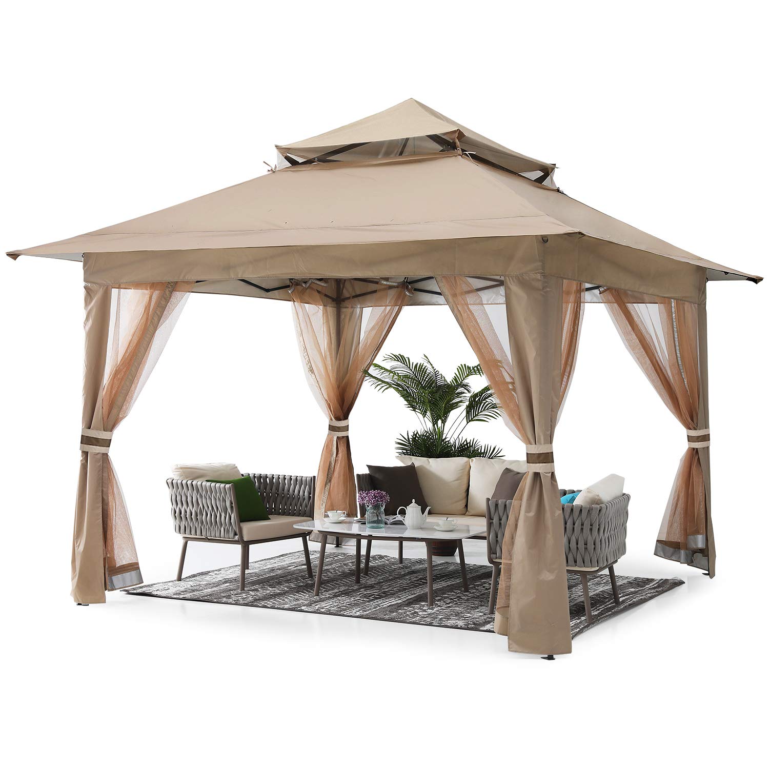 预发布站点、【Gazebo】13'x13' Gazebo Tent Outdoor Pop up Gazebo Canopy Shelter with Nets, Brown、mysite-12345