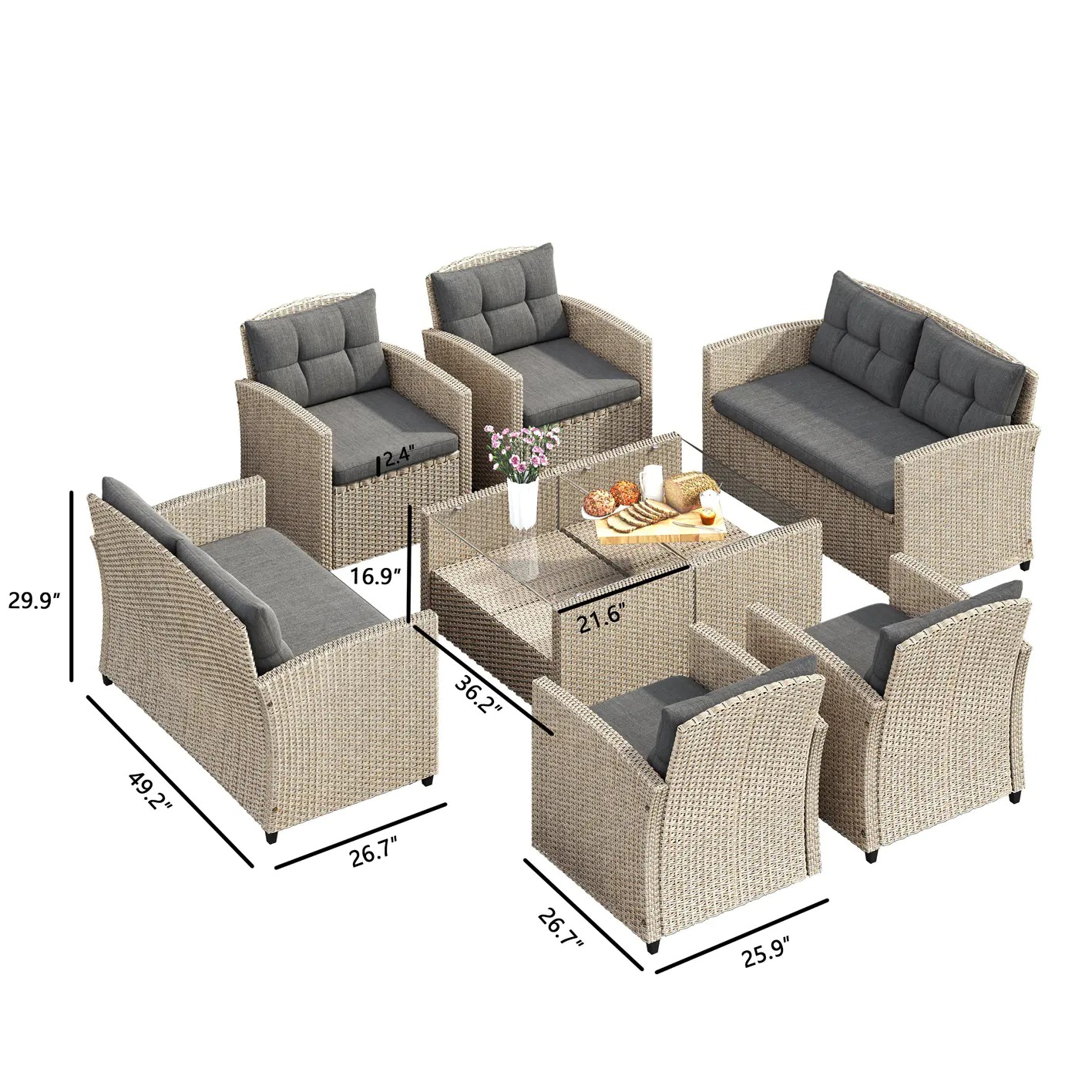 预发布站点、【Furniture】Corvus Armitage 8-piece Outdoor Wicker Sofa Set with Cushions - Light Grey、mysite-12345