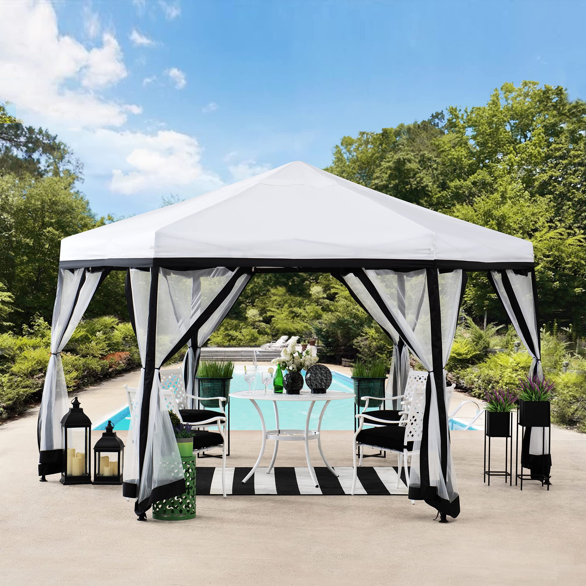 预发布站点、【Gazebo】Sunjoy Lambert 11 ft. x 11 ft. 2-Tone Pop Up Portable Hexagon Steel Gazebo, White and Black、-12345