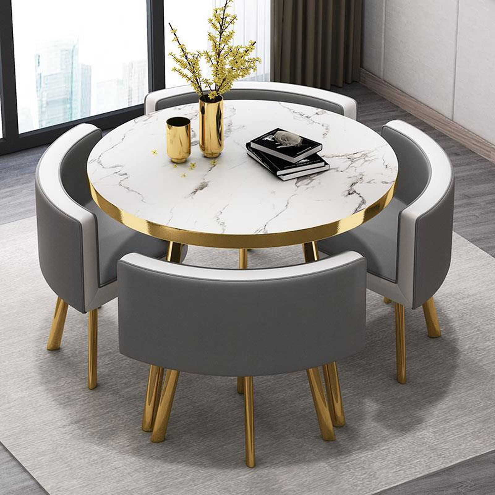 预发布站点、Small Round Wooden Dining Table Set with 4 Upholstered Chairs for Corner Balcony、-12345