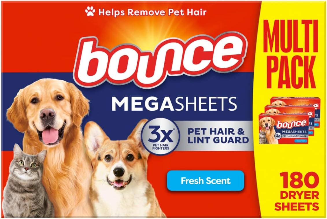 Bounce Pet Hair and Lint Guard Mega Fabric Softener Dryer Sheets with 3X Pet Hair Fighters, Fresh Scent, 180 Count, Bounce Dryer Sheets, Pet Hair Remover for Laundry111mysite