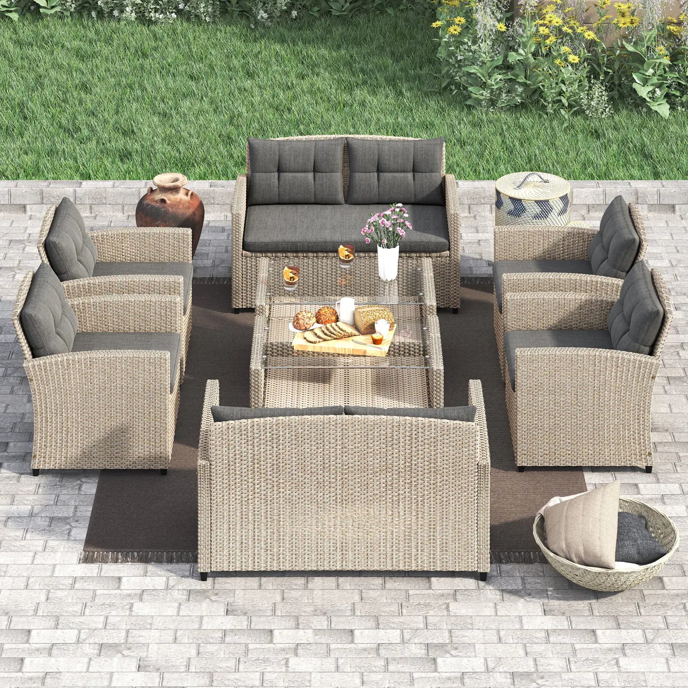 预发布站点、【Furniture】Corvus Armitage 8-piece Outdoor Wicker Sofa Set with Cushions - Light Grey、mysite-12345