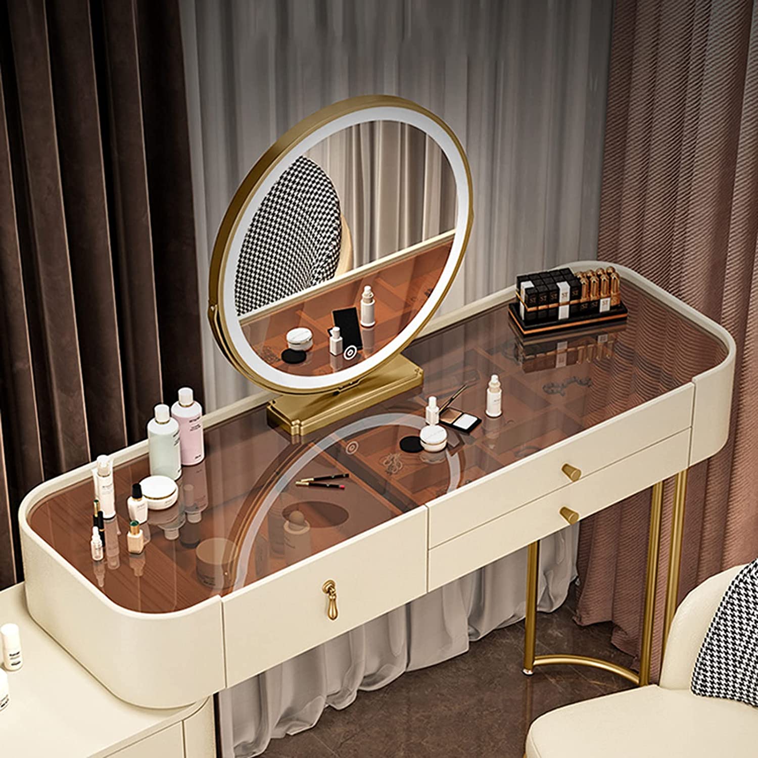 预发布站点、【Furniture】【BS】Nordic Dressing Table with Mirror, Stool & 3 Light Effect LED Mirrors, Golden Iron Dresser、mysite-12345