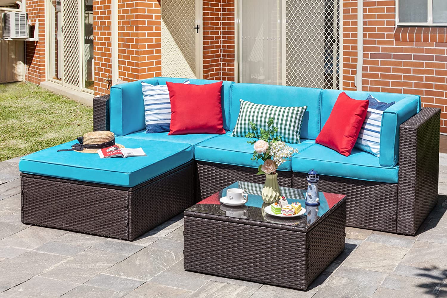 预发布站点、【Furniture】5 Pcs Patio Furniture Sets, All-Weather Brown PE Wicker Outdoor Couch Sectional Patio Set、mysite-12345