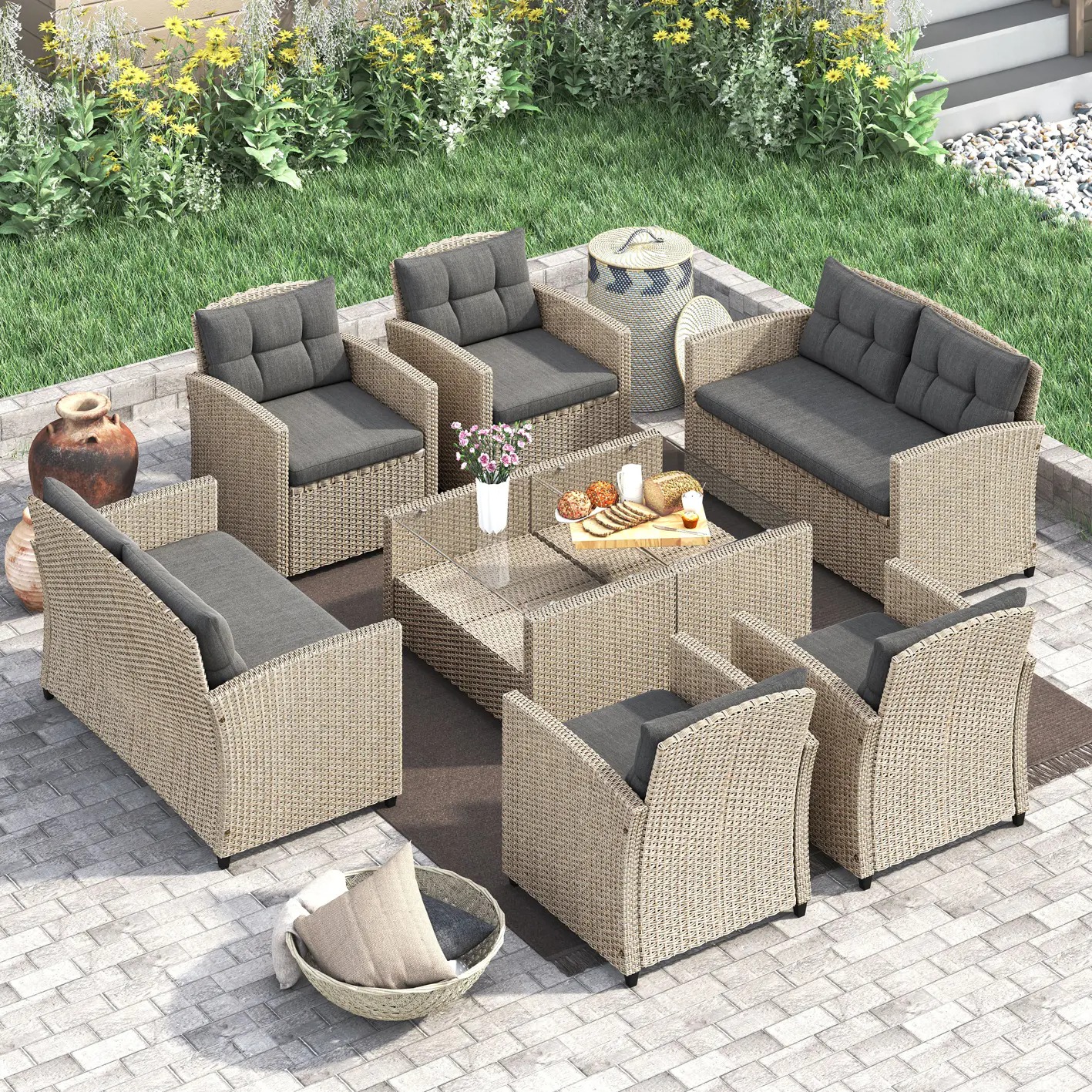 预发布站点、【Furniture】Corvus Armitage 8-piece Outdoor Wicker Sofa Set with Cushions - Light Grey、mysite-12345