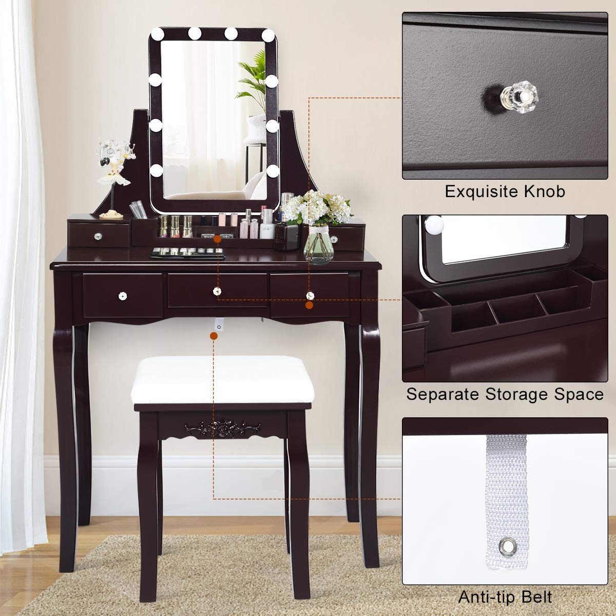 预发布站点、【Furniture】Vanity Set with Lighted Mirror, 10 Dimmable Light Bulbs Vanity 5 Drawer、mysite-12345
