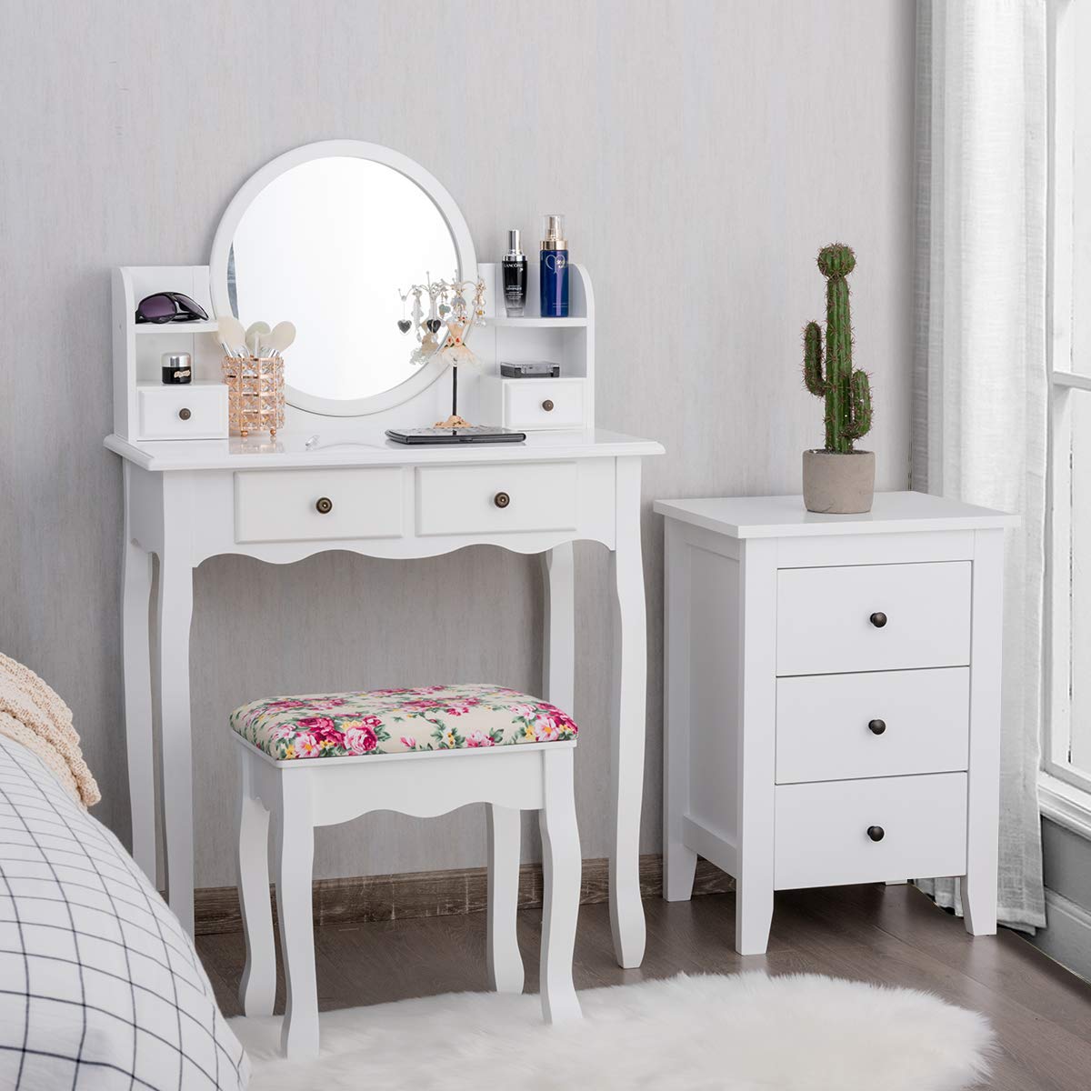 预发布站点、【Furniture】4 Storage Shelves and 4 Drawers, Makeup Table with 360° Pivoted Round Mirror、mysite-12345