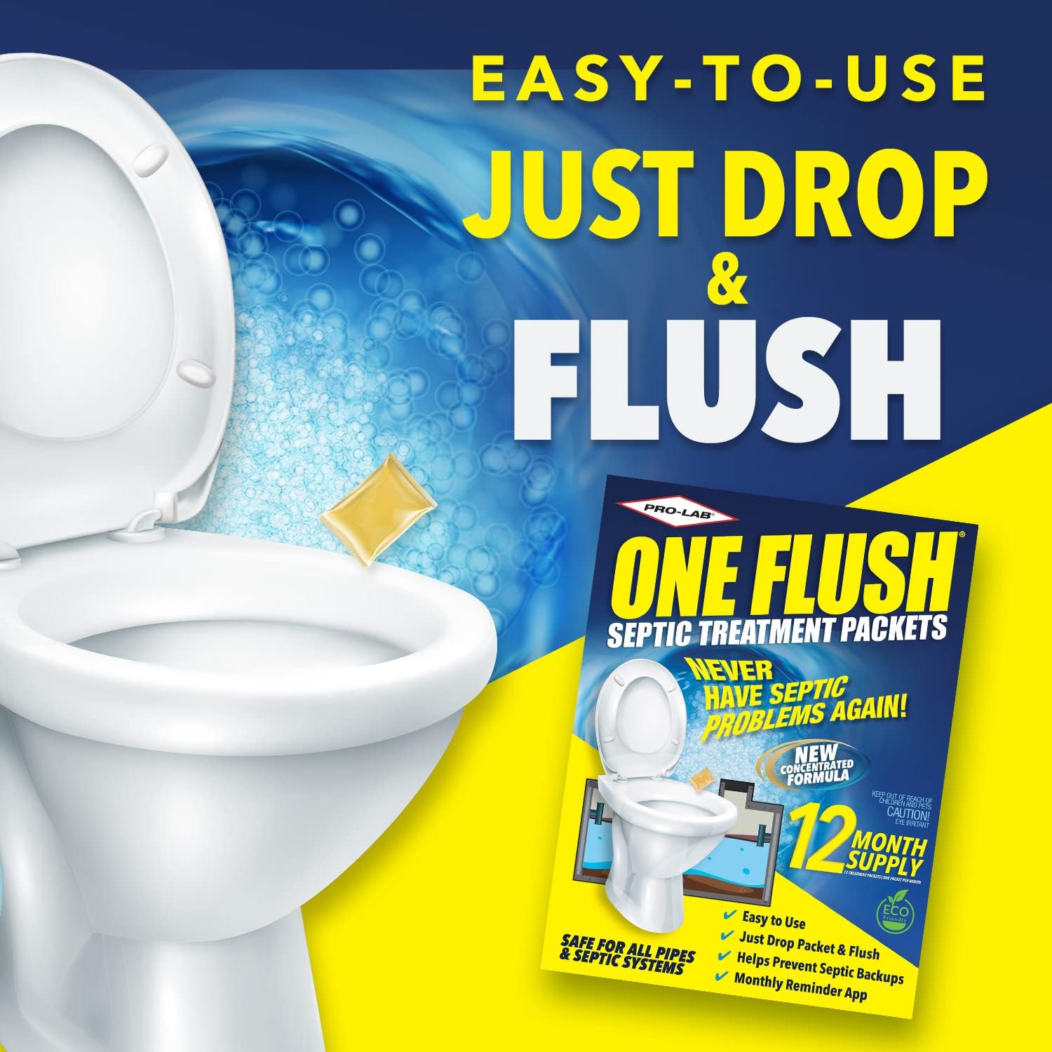 ONE FLUSH - Septic Tank Treatment Packets, 1-Year Supply of Easy-Flush Bacteria & Enzyme Packets - Proactive Prevention for Sewage Backups, Made in the USA111mysite
