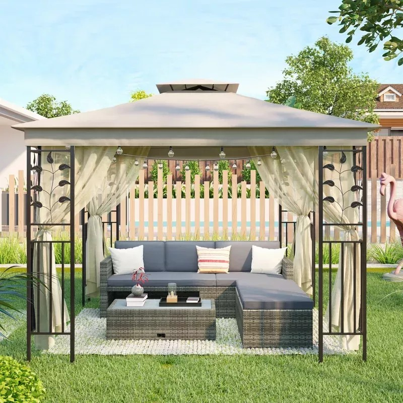 预发布站点、【Gazebo】10x10 Ft Patio BBQ Gazebo w/Side Wall & Mosquito Netting for Outdoor Party Activities, Beige、mysite-12345