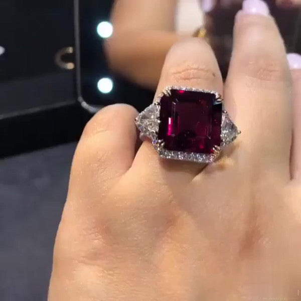 预发布站点、5.45ct Three-stone Emerald Cut Ruby Engagement Ring、testother-12345