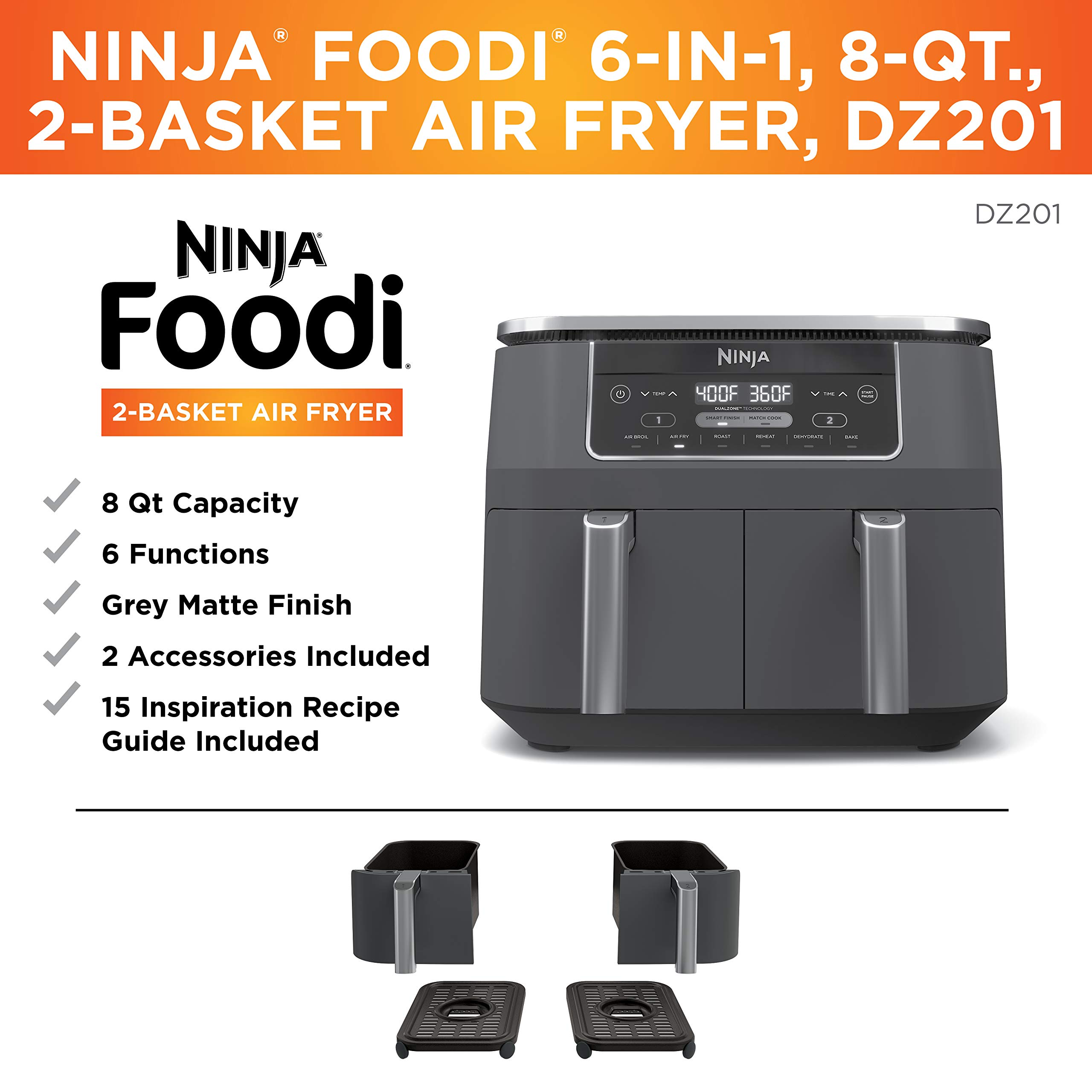 预发布站点、【Electronics】【BS】Ninja DZ201 Foodi 8 Quart 6-in-1 DualZone 2-Basket Air Fryer with 2 Independent Frying Baskets、-12345