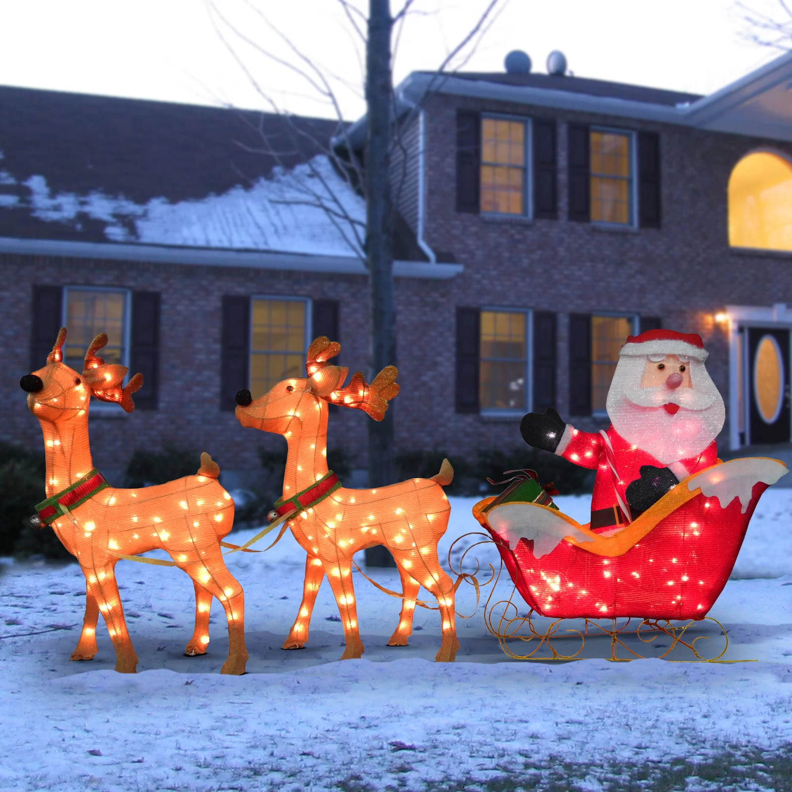 预发布站点、【Décor】Santa with 2 Deer Sleigh Christmas Decoration Lighted Display、-12345