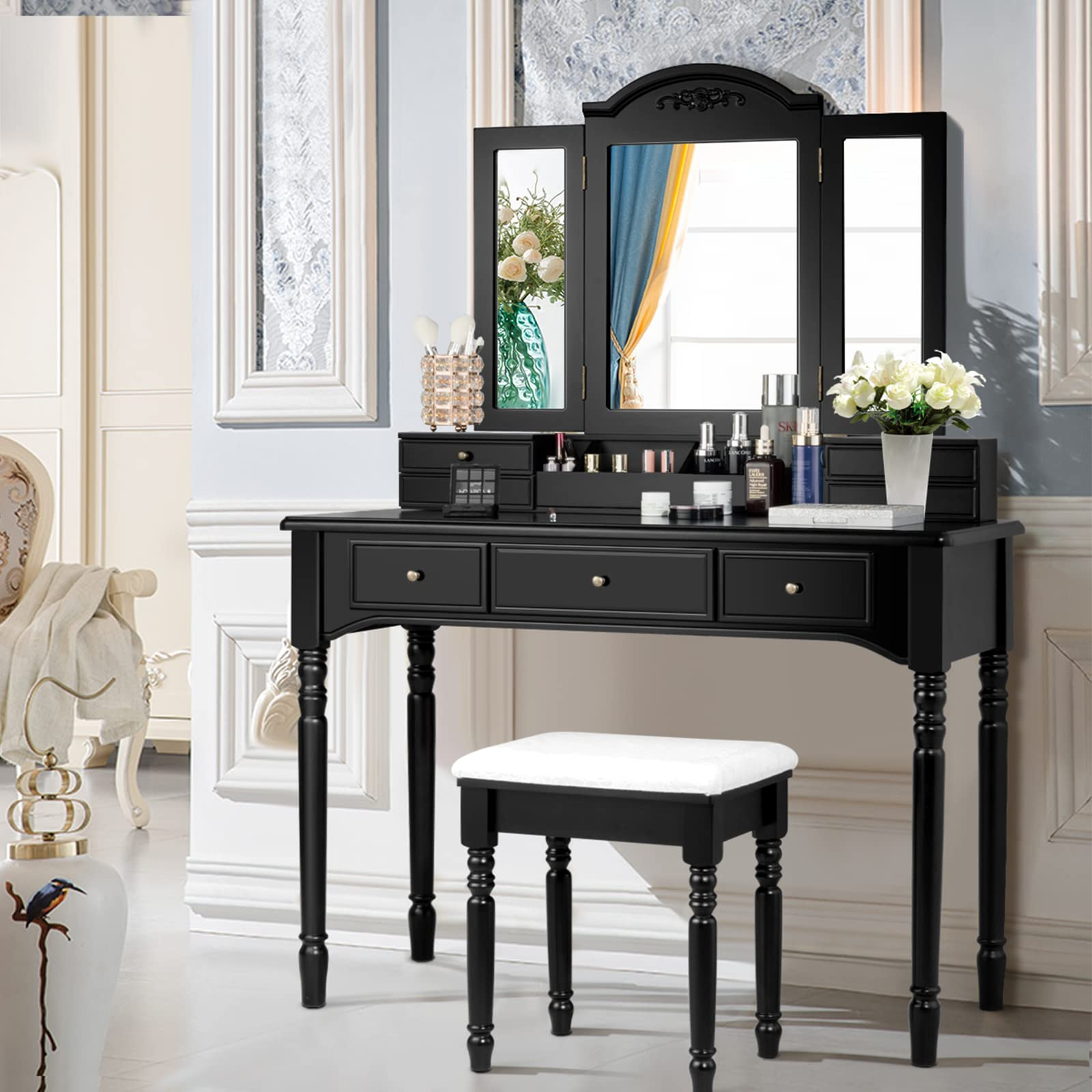 预发布站点、【Furniture】Vanity Desk Set, Dressing Table with Trifold Mirror, 8 Necklace Hooks, 7 Drawers、mysite-12345