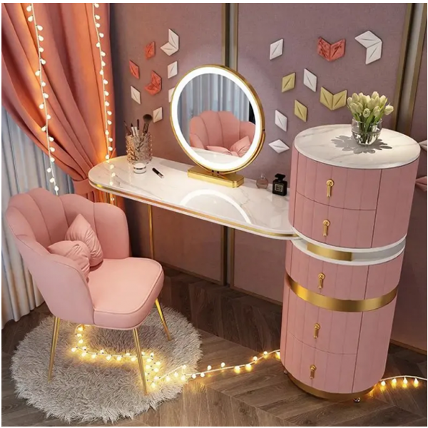 预发布站点、【Furniture】Dressing Table Set with Round Mirror 2 Large Drawers with Round Sliding Rails Padded Stool、mysite-12345