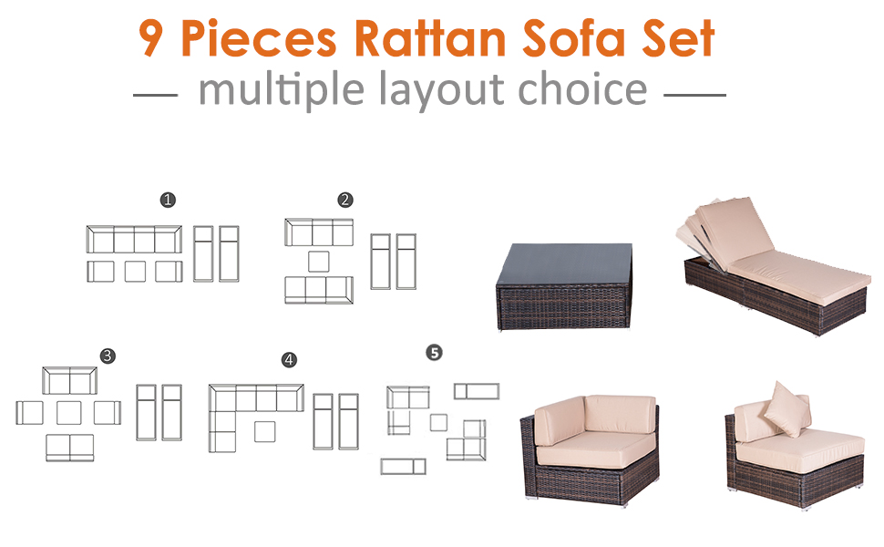 预发布站点、【Furniture】9 PCS Patio Outdoor Furniture Sets, Sectional Manual Weaving Wicker Conversation Sofa Set、mysite-12345