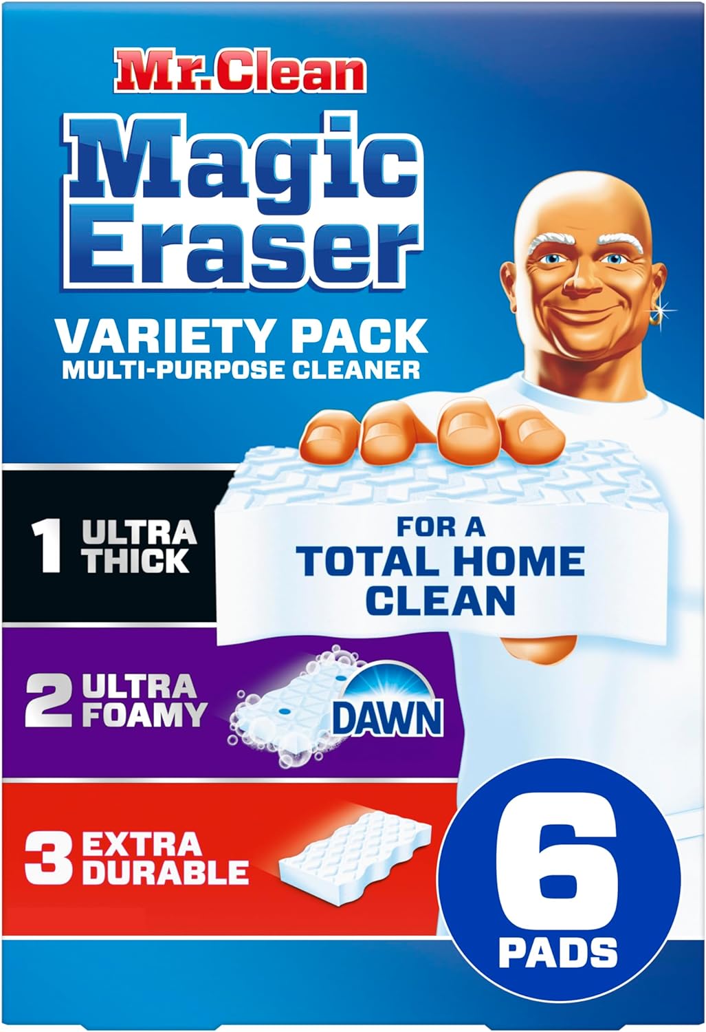 Mr. Clean Magic Eraser Variety Pack with Ultra Thick, Ultra Foamy, and Extra Durable Multi Purpose Cleaner, Magic Eraser Sponge Multi Surface Cleaner, 6ct111mysite